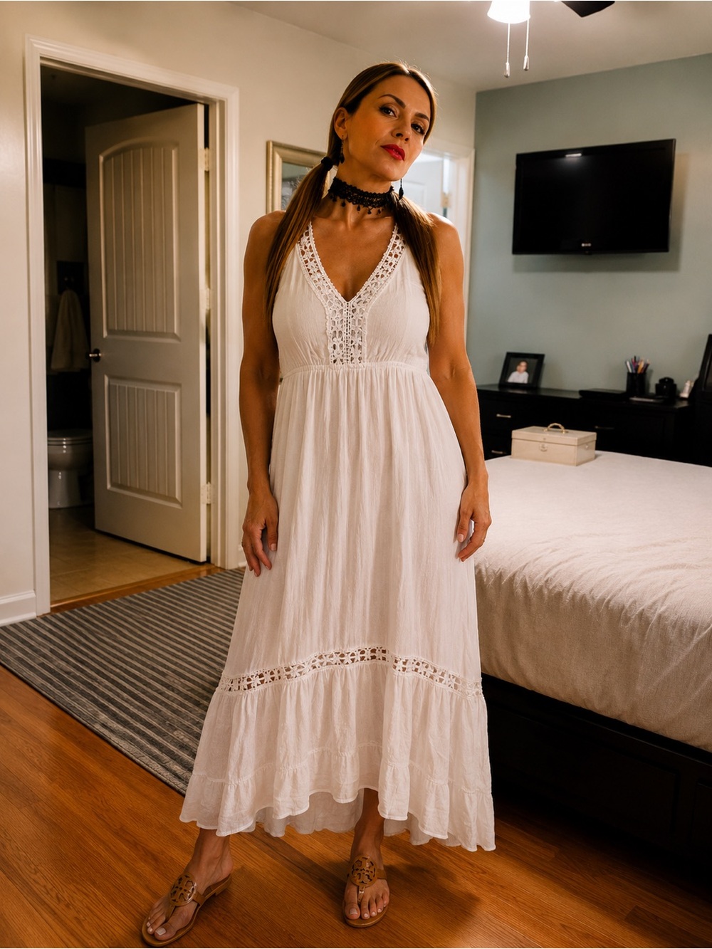 Women's White V-Neck Lace Trim Maxi Dress - Lightweight Summer Dress